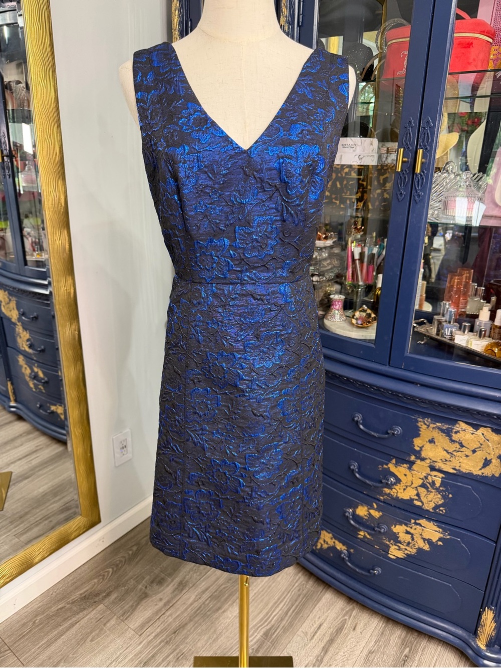 VTG Nicole Miller Collection Metallic Blue Brocade V-Neck Dress Size 8